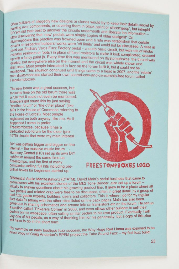 Pages from Good Fuzzy Sounds by Simon Murphy—this article explores the history of internet forums for distortion or fuzz hobbyists and producers