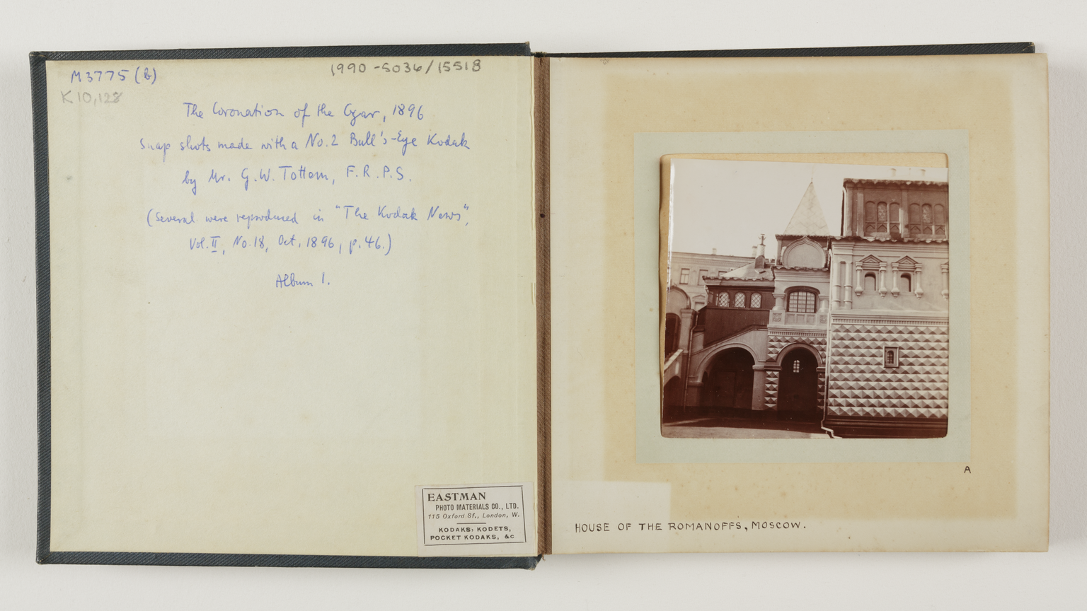 Left: text reads 'The Coronation of the Czar, 1896. Snap shots made with a No.2 Bull's-Eye Kodak by Mr. G.W. Tottem, F.R.P.S. (Several were reproduced in 'The Kodak News', Vol II, No.18, Oct, 1896, p.46.) Album 1.' Right: photograph entitled 'House of the Romanovs'.