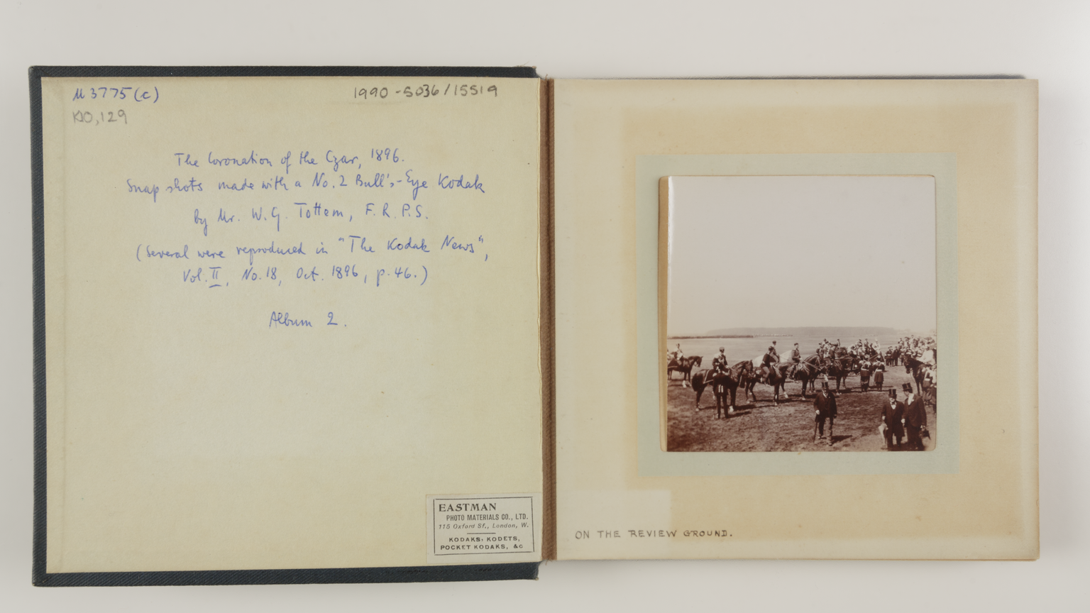 Left: text reads 'The Coronation of the Czar, 1896. Snap shots made with a No.2 Bull's-Eye Kodak by Mr. G.W. Tottem, F.R.P.S. (Several were reproduced in 'The Kodak News', Vol II, No.18, Oct, 1896, p.46.) Album 2.' Right: photograph entitled 'On the review ground.'