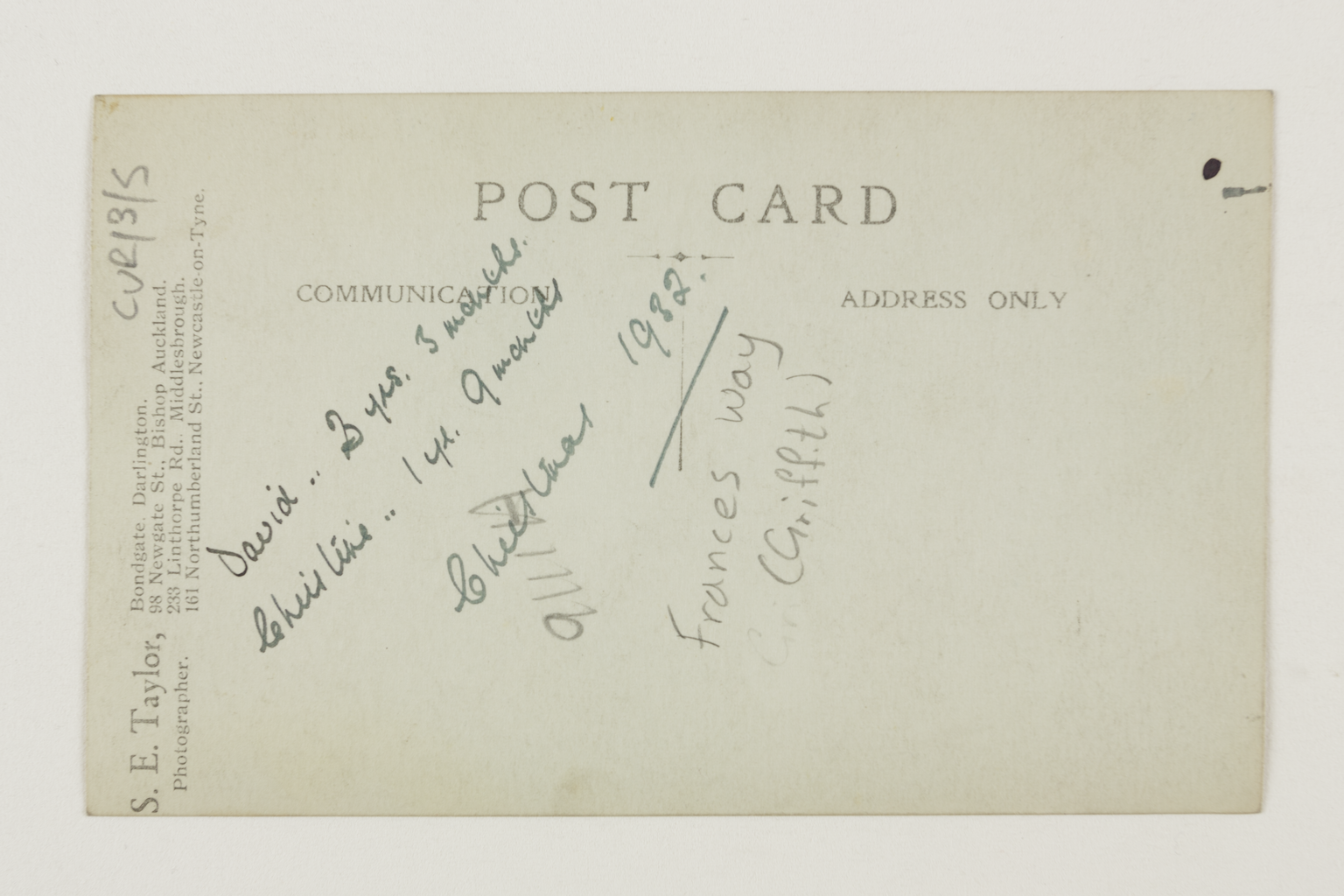 Reverse of postcard featuring portrait of Frances Way (formerly Frances Griffiths), seated with children David and Christine