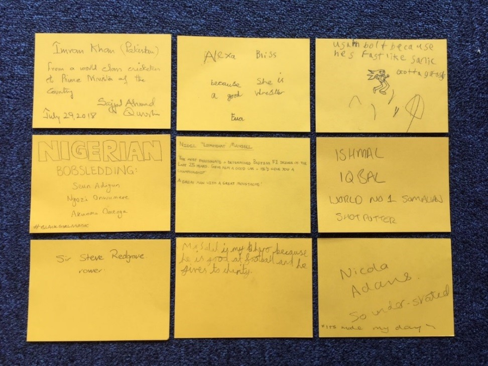 Visitor suggestions of sporting heroes: Imran Khan, Alexa Bliss, Usain Bolt, Nigerian bobsledding team, Nigel Mansell, Ishmal Iqbal, Sir Steve Redgrave, Mo Salah, Nicola Adams