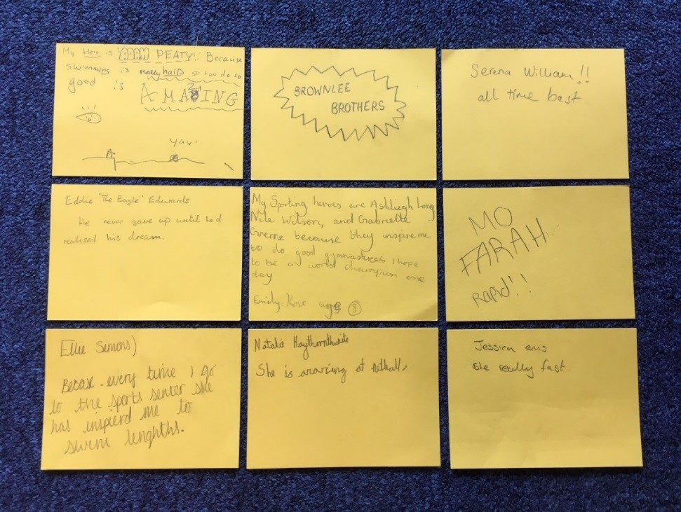 Visitor suggestions of sporting heroes: Adam Peaty, Brownlee Brothers, Serena Williams, Eddie the Eagle, Ashleigh Long, Mo Farah, Ellie Simons, Natalie Haythornthwaite, Jessica Ennis