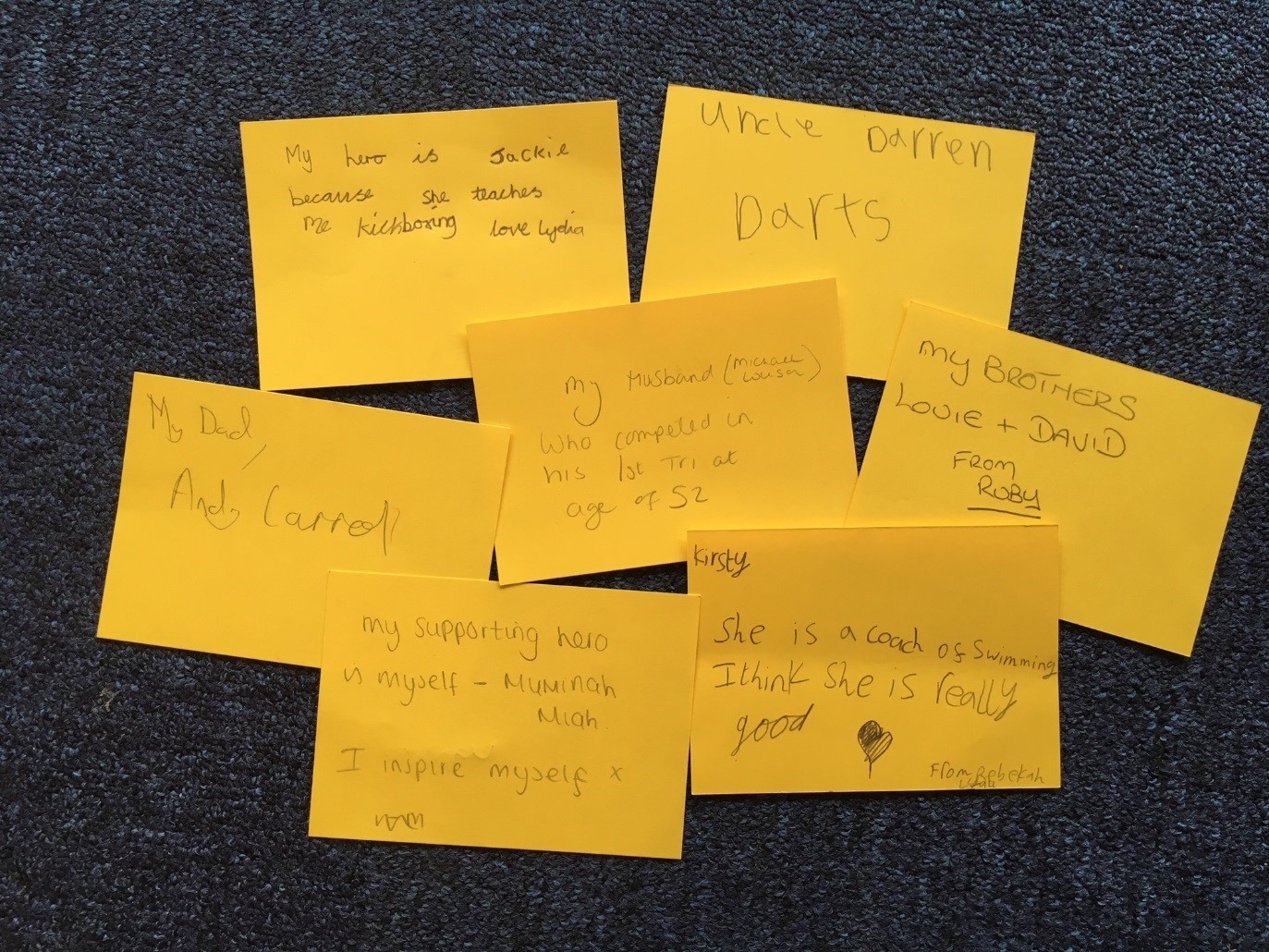 Visitor suggestions of sporting heroes including 'Jackie who teaches me kickboxing', 'Uncle Darren', 'My dad', 'My husband', 'My brothers', 'Myself', 'Kirsty, my swimming coach'
