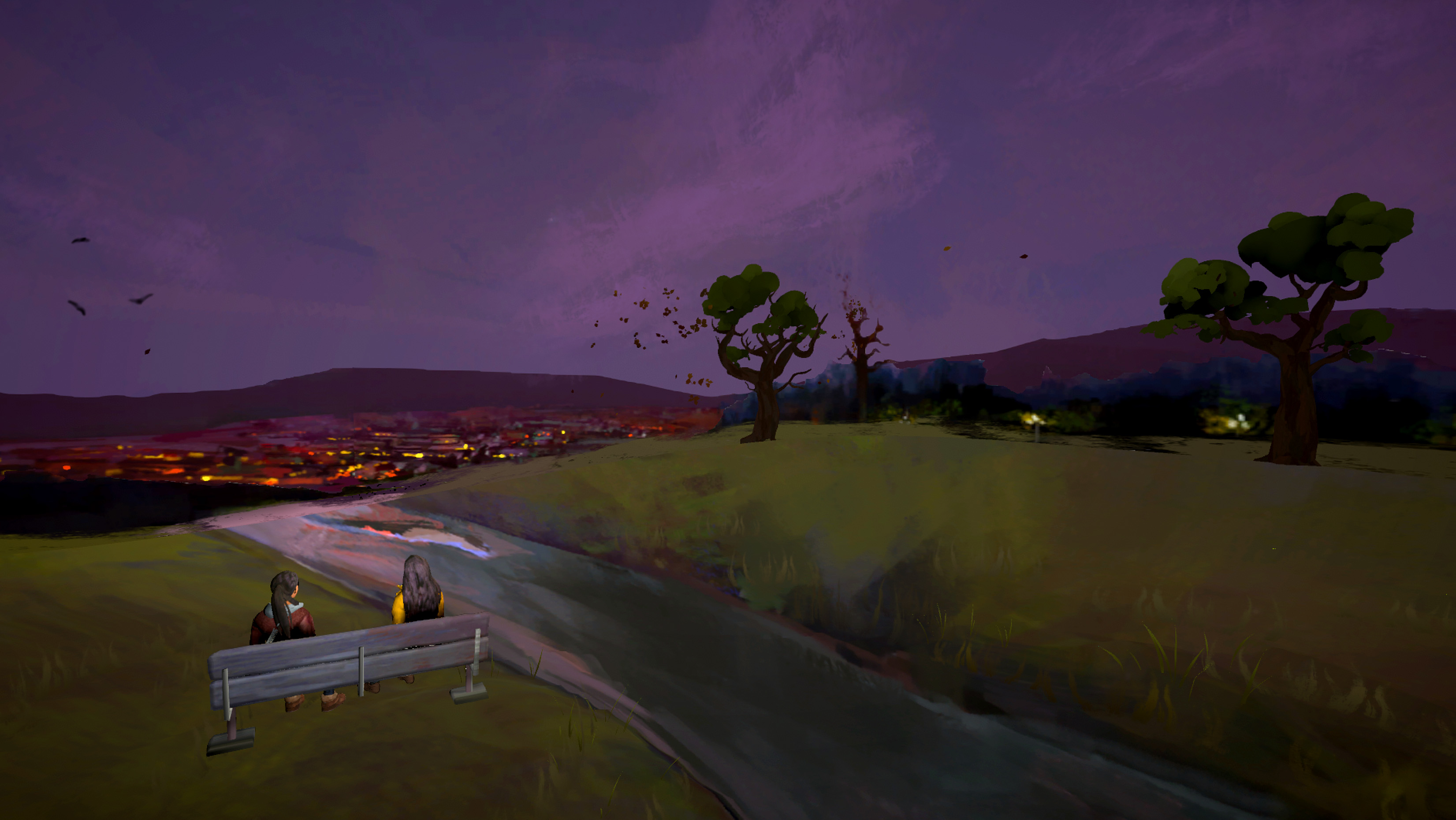 Detail from Is Anna OK showing a hilly landscape in shadow with two women sat on a bench in the foreground