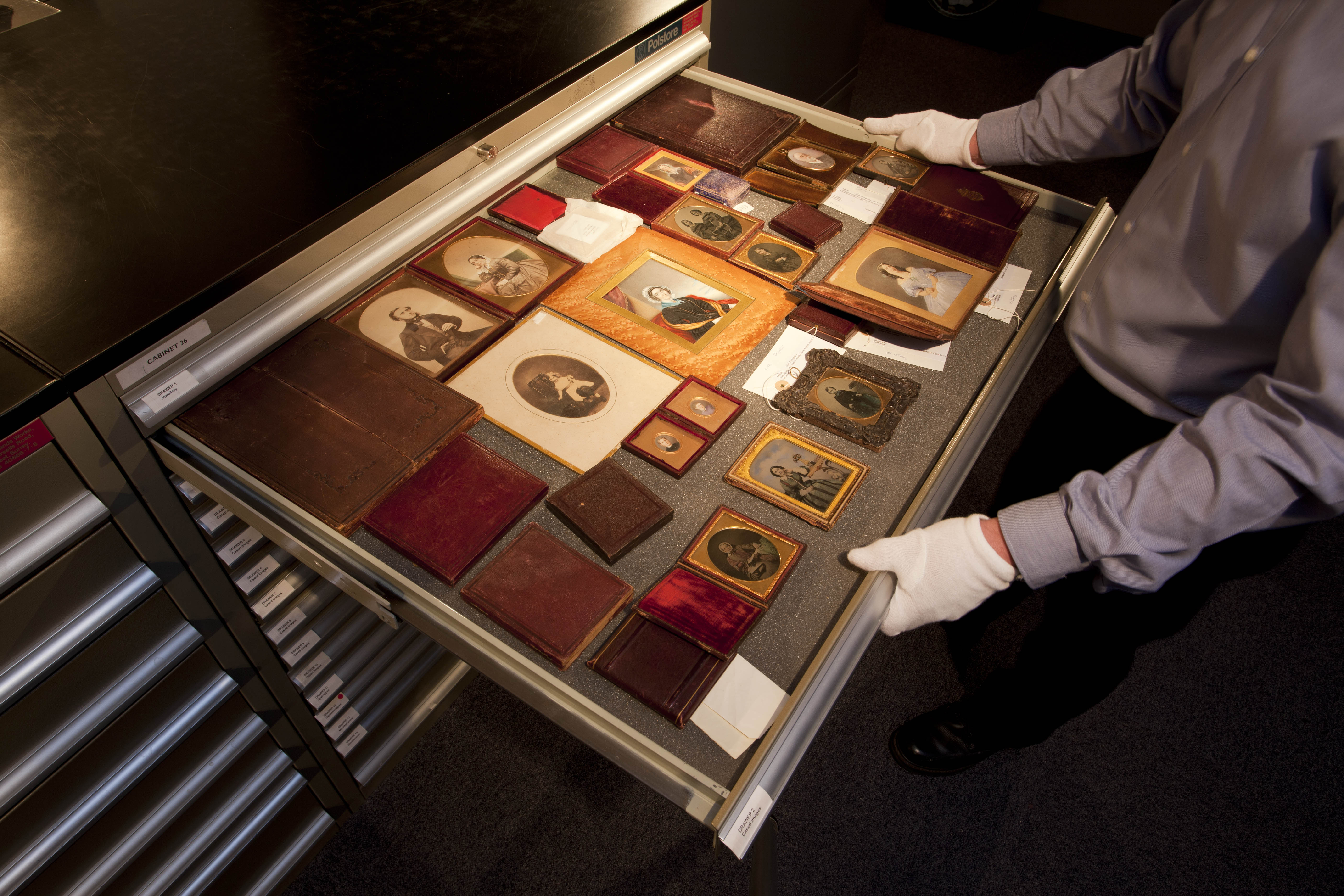 Drawer of dageurotypes in the National Science and Media Museum print store