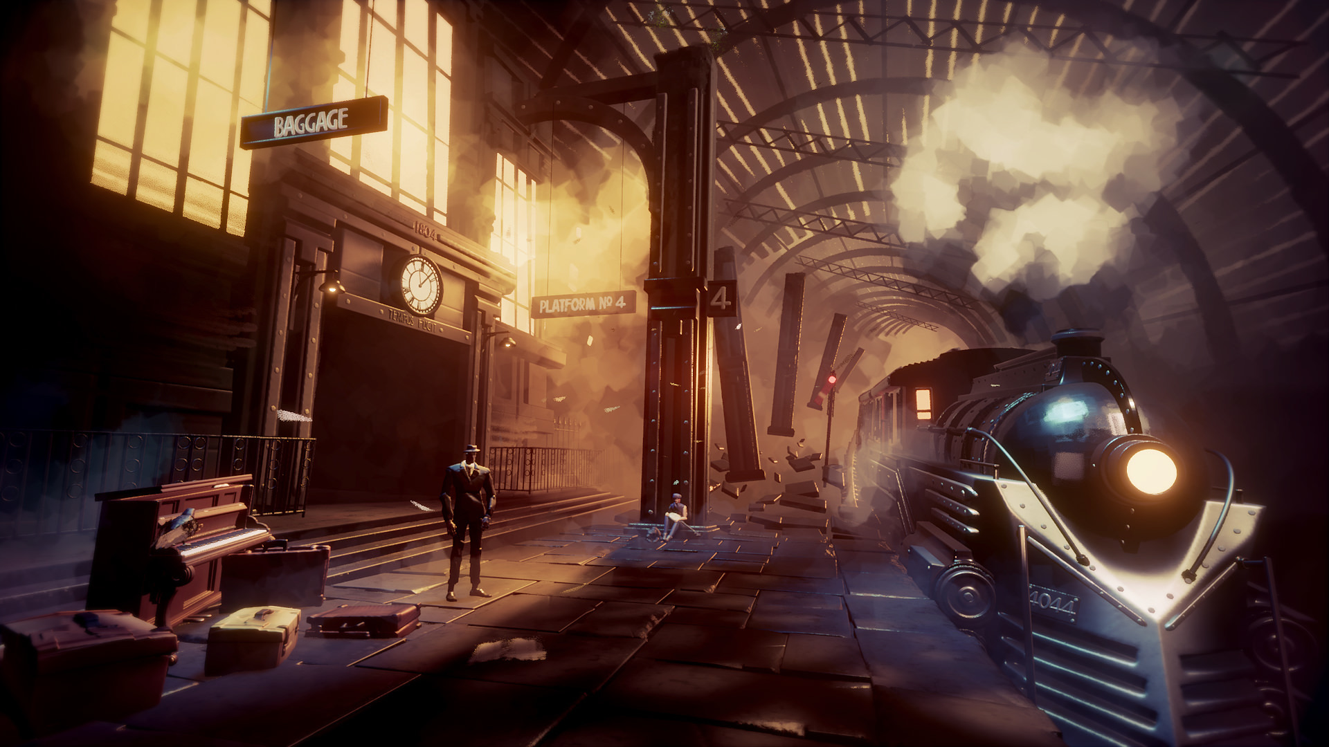 A screenshot from the game Dreams showing a train pulling into a station