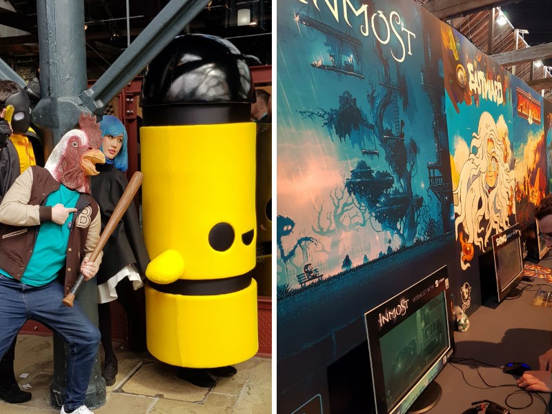 Split image with people in cosplay as videogame characters on the left, and a showcase of different games at EGX Rezzed on the right