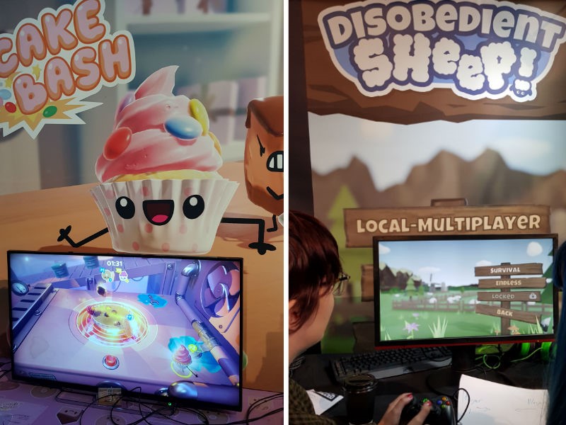 Boards and screens at EGX Rezzed advertising the games Cake Bash and Disobedient Sheep