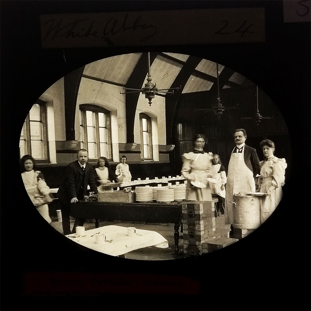 Staff in White Abbey dining room, Manningham, Bradford