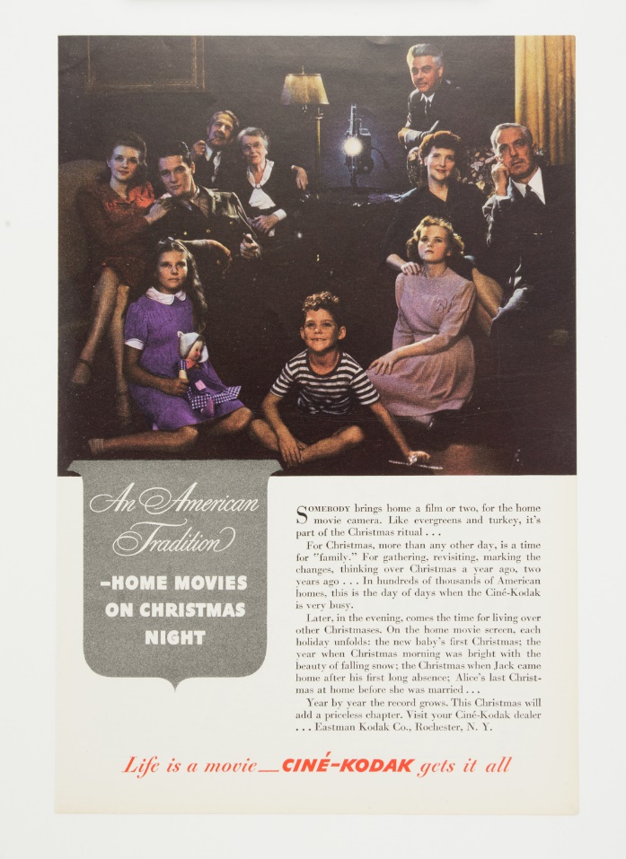 Print advertisement for Cine-Kodak cameras and projectors ‘An American Tradition – home movies on Christmas night’, 1942