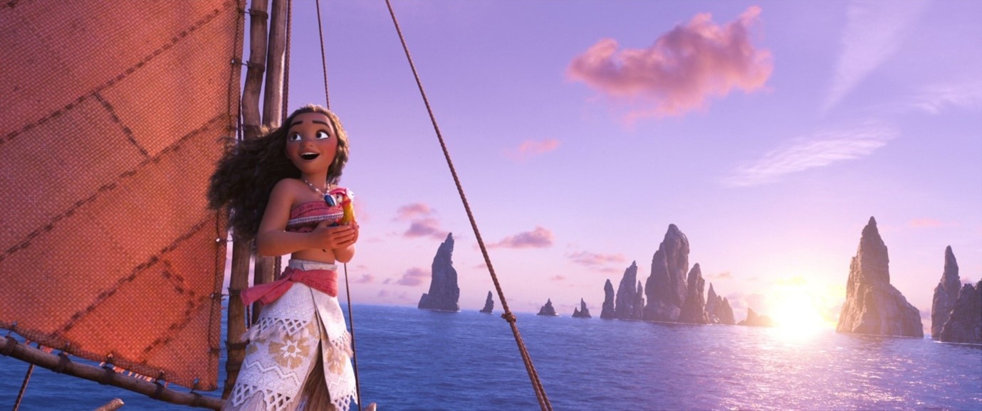 Computer animated young Pacific Islander girl stands on the prow of a small boat as the sun sets on the ocean behind her