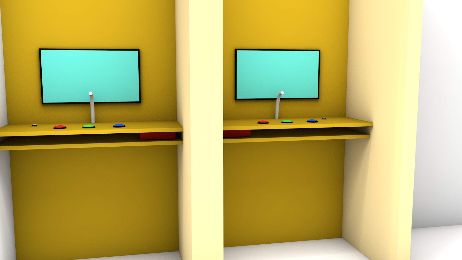 Two yellow booths with video screen and three coloured push buttons