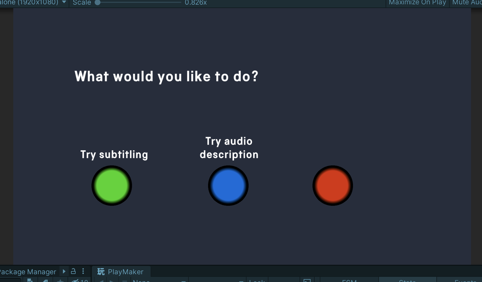 black screen with three coloured buttons and the text 'what would you like to do?' 'try subtitling' and 'try audio description' 