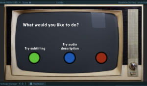 70s-style TV set with text on screen reading 'what would you like to do?', 'try subtitling, 'try audio description'