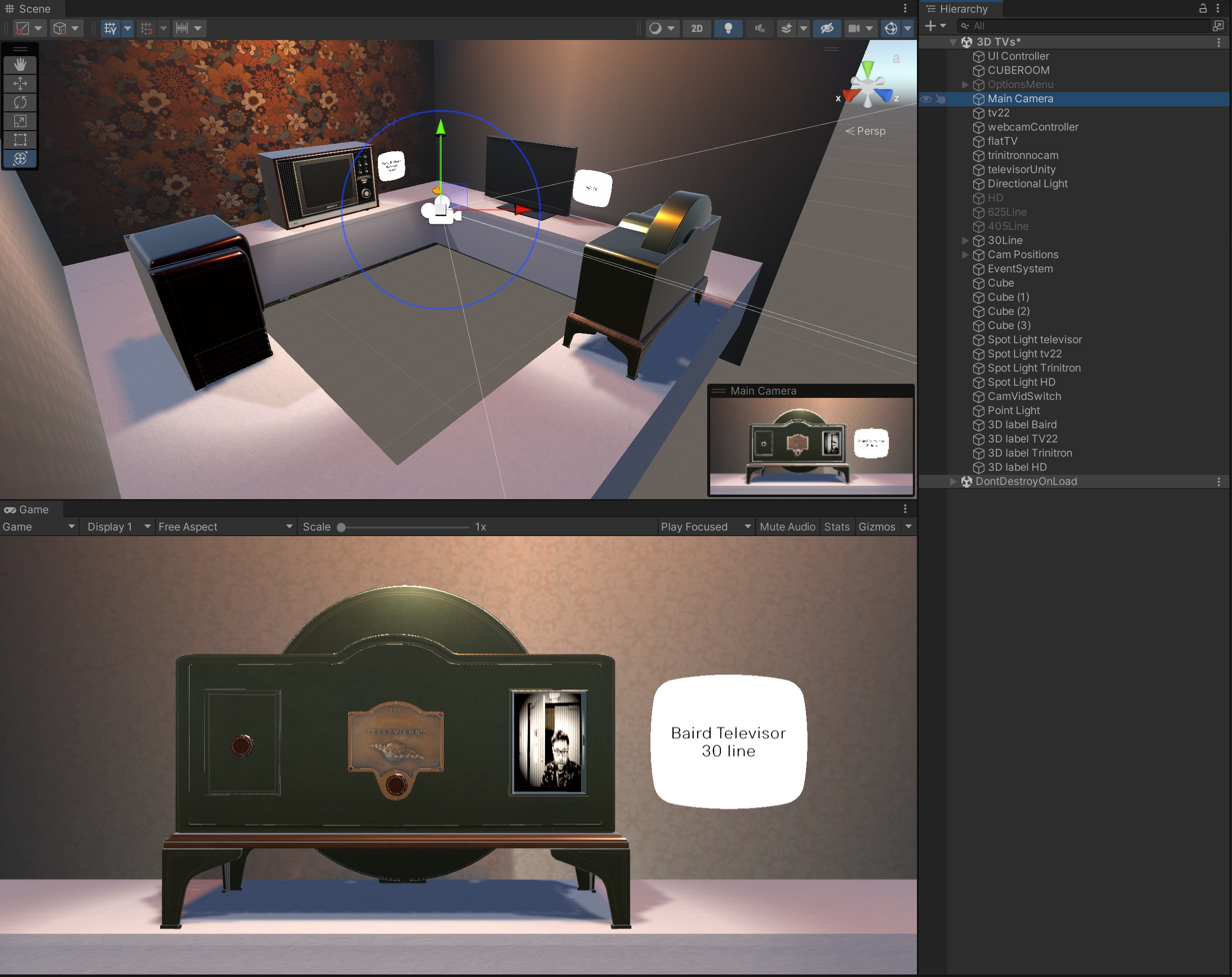 Screengrab of game development software modelling historic TV sets