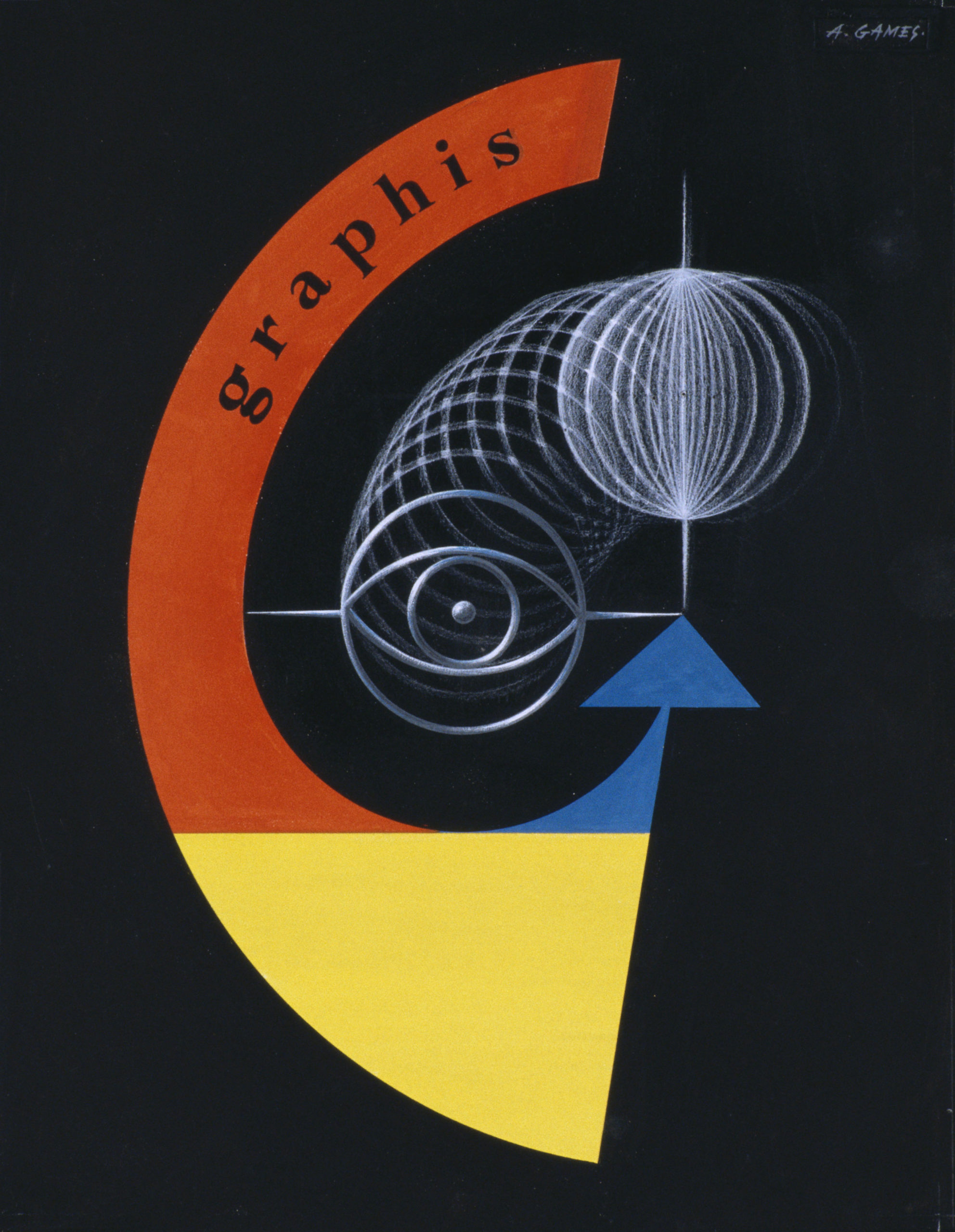 Magazine cover with stylised red, yellow, blue and white face design on a black background 