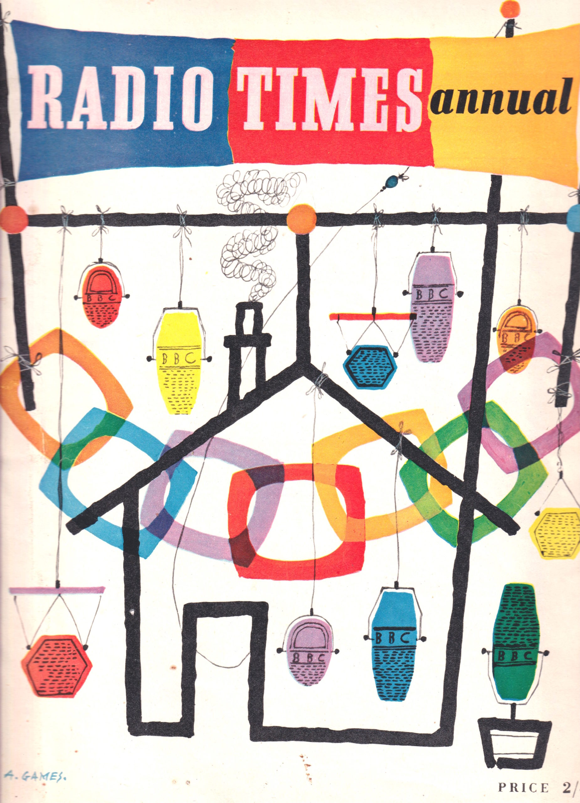 Colourful magazine cover with illustrated BBC microphones hanging from a television aerial above a simple house 