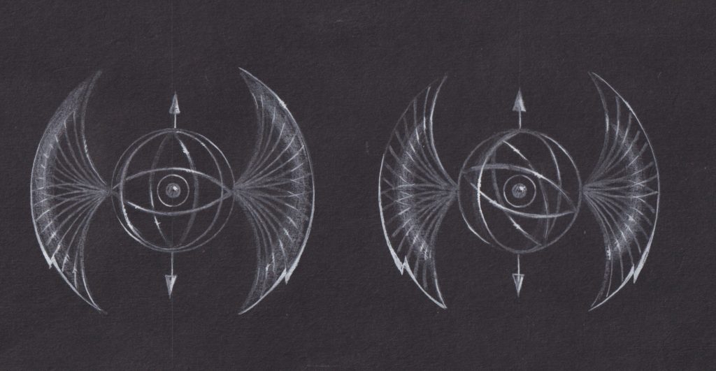 White pencil sketch on black paper of a spherical design with 'wings' and arrows emanating from the sides