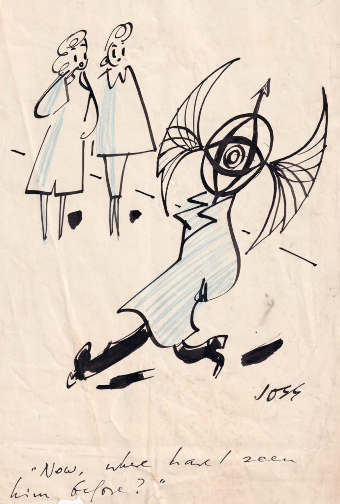 ink and pencil cartoon of two women surprised by a man's body with the BBC emblem for a head