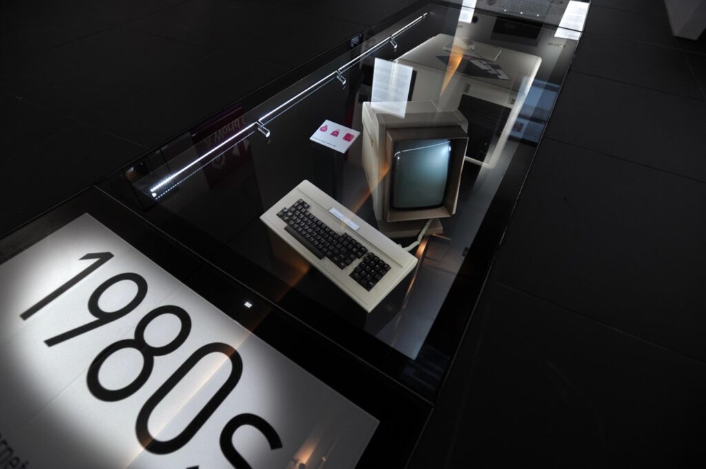 An underfloor display of computers from the 1980s