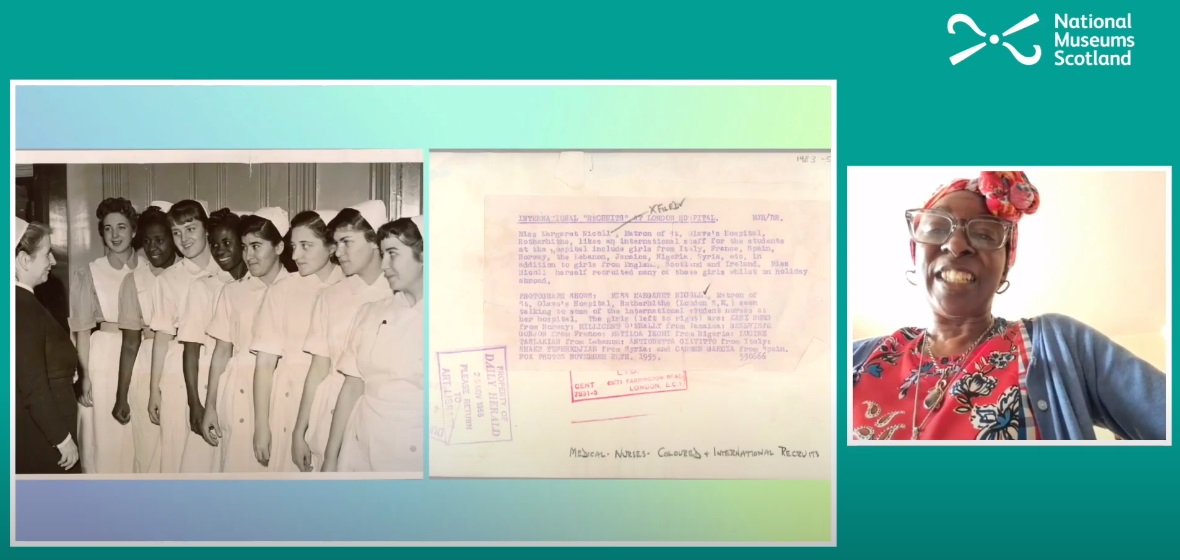 A virtual presentation with two frames on a green background: one is an image of a photograph of nurses and the text on its reverse; the second is Sandra Rowe, a Black woman in colourful red dress and head wrap, talking to camera.