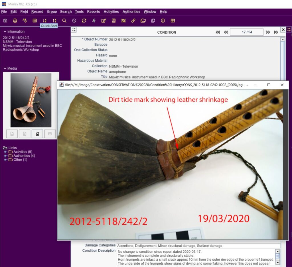 Screenshot of collection database showing object report with metadata and annotated image