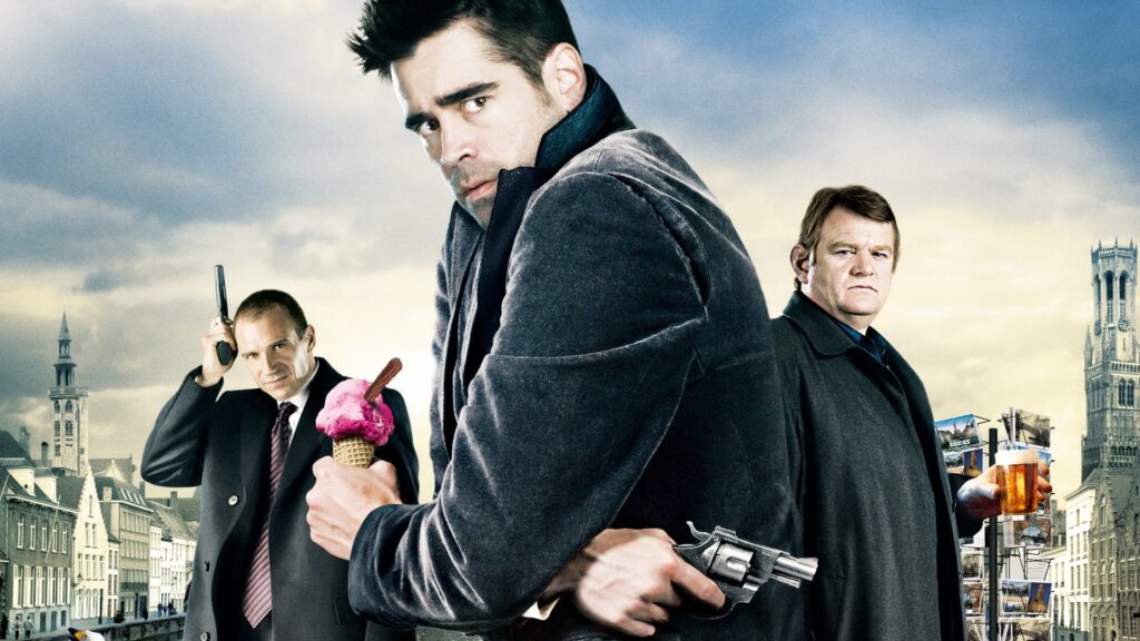 Promotional image for In Bruges with Colin Farrell, Ralph Fiennes and Brendan Gleeson