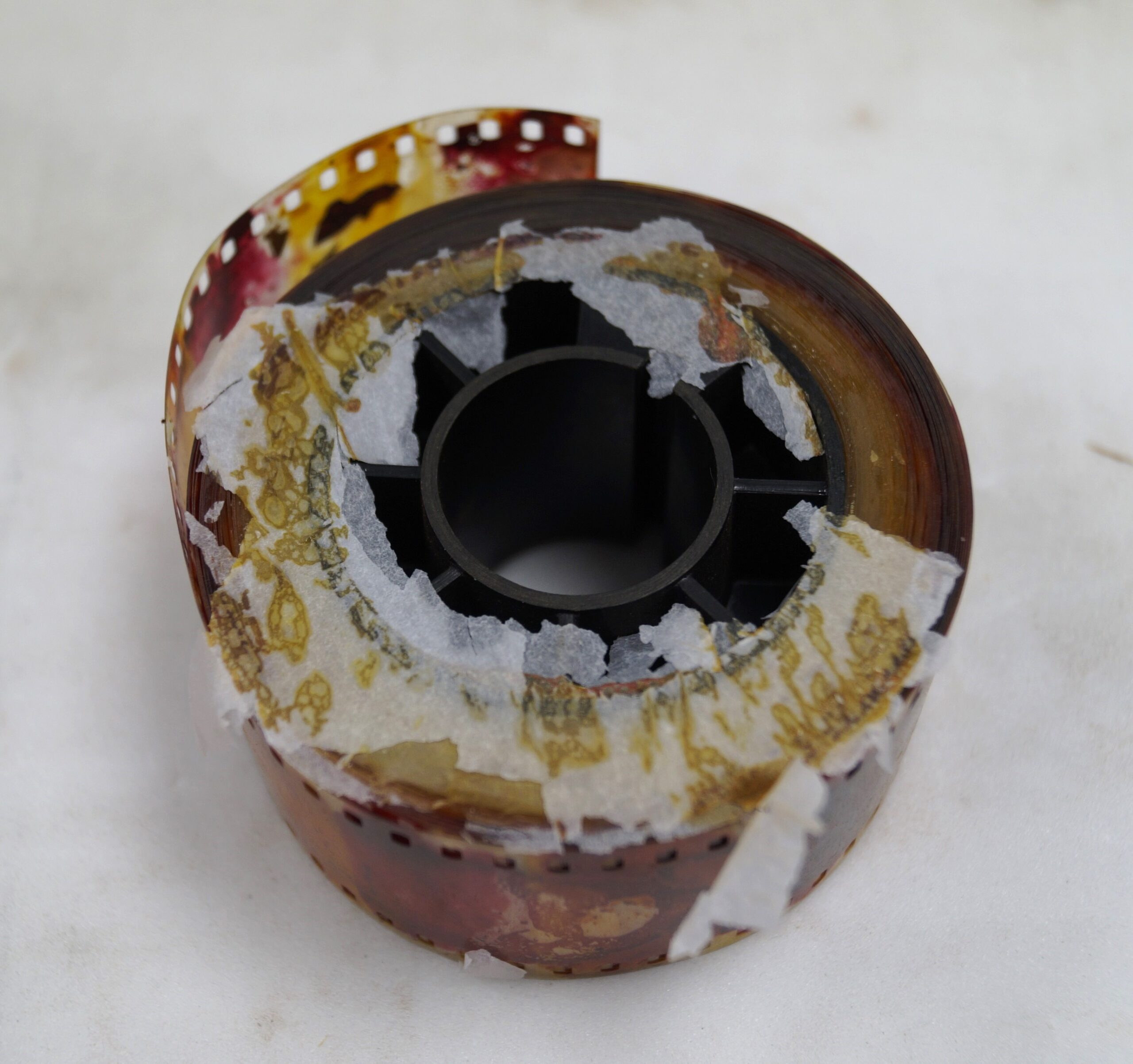 A small reel of film which has turned brown with decay