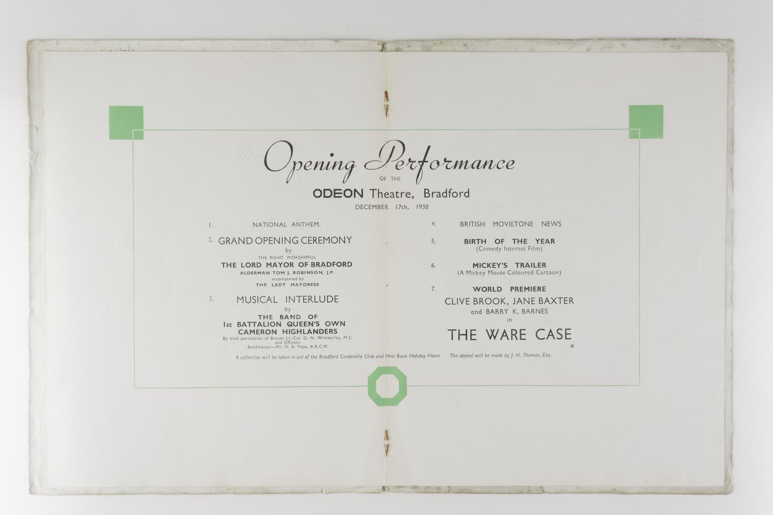 Centre pages of the programme describing the opening performance, including musical interlude, films and a speech