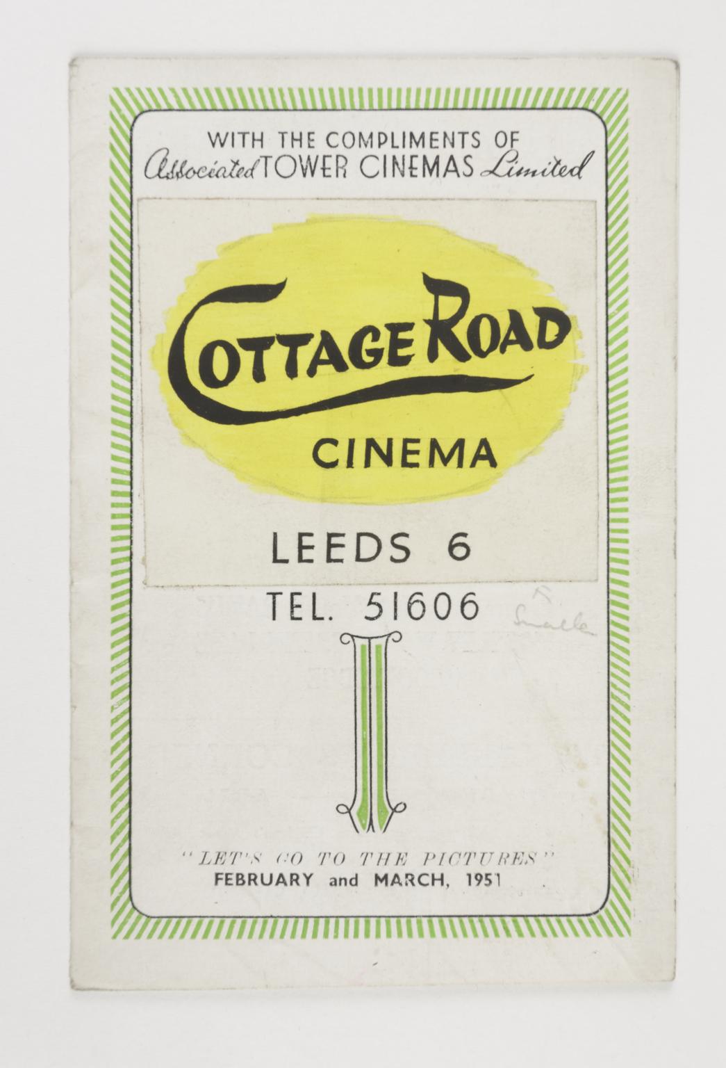 White booklet from 1951 with green and yellow decoration titled 'cottage road cinema' and subtitled 'let's go to the pictures'