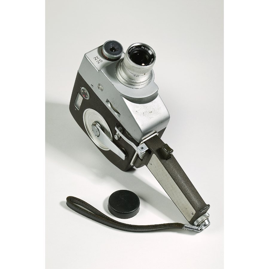 Handheld silver and black cine camera