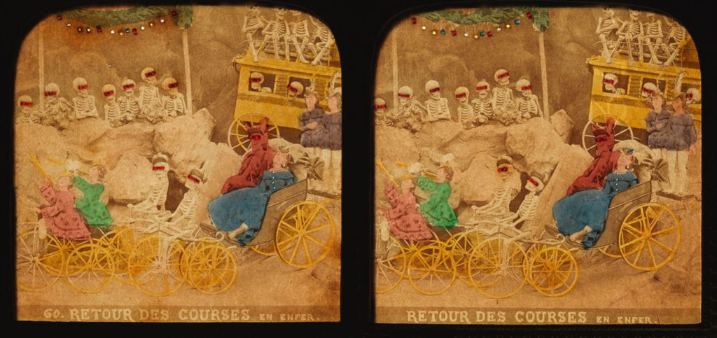 A scene showing lots of skeletons watching the devil drive past in a carriage, duplicated to make a stereo image.
