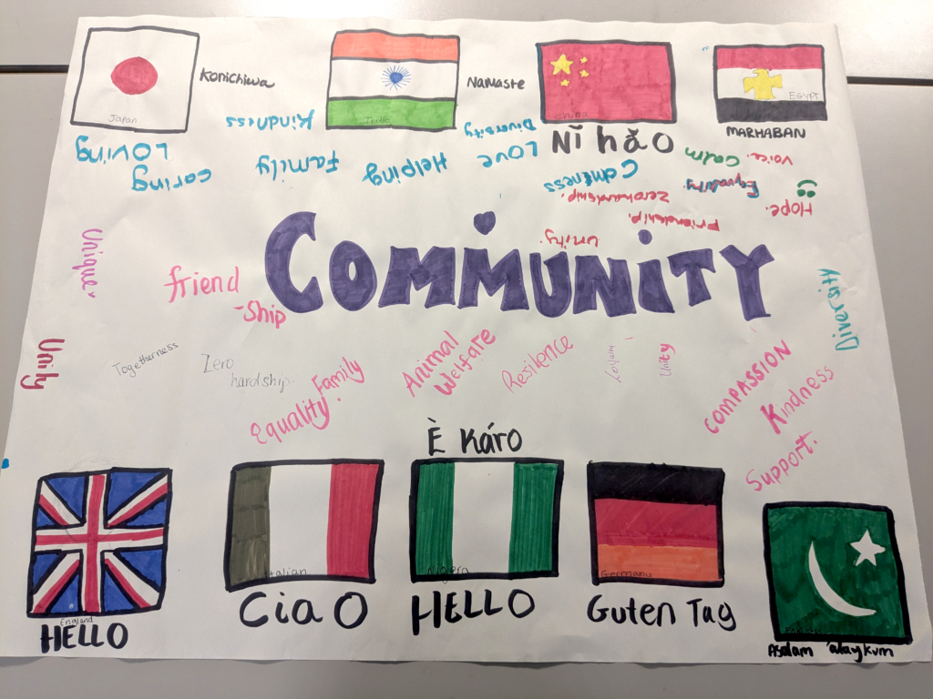 A hand drawn poster with world flags and the word 'community' in blod letters.