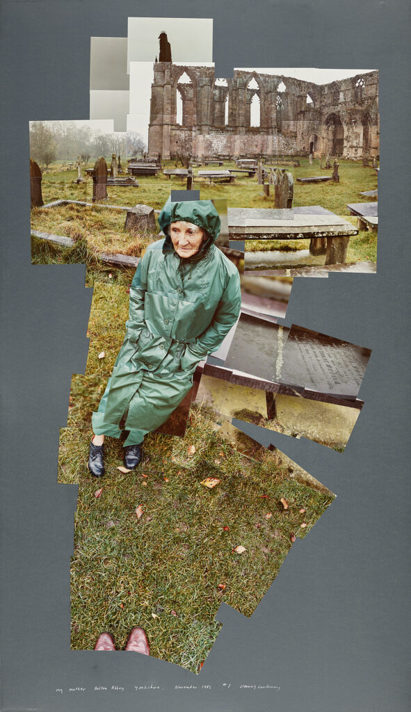 Photocollage of older woman in a green raincoat sitting in a graveyard