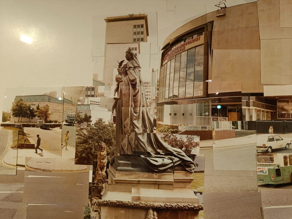 Collage of photos of the Queen Victoria statue outside the museum, 1985