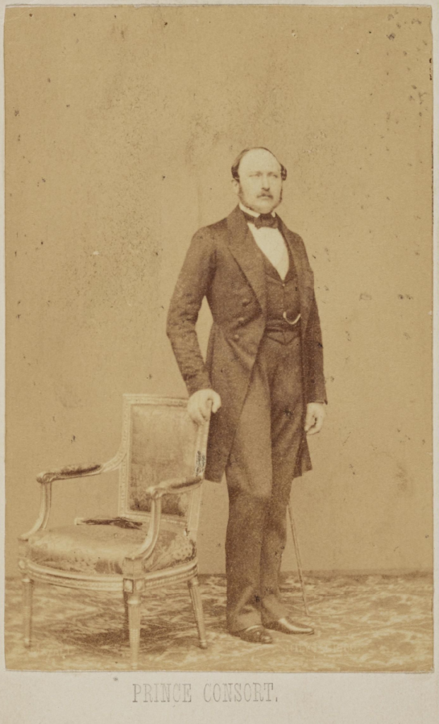 Prince albert standing against a plain background, one hand on a chair