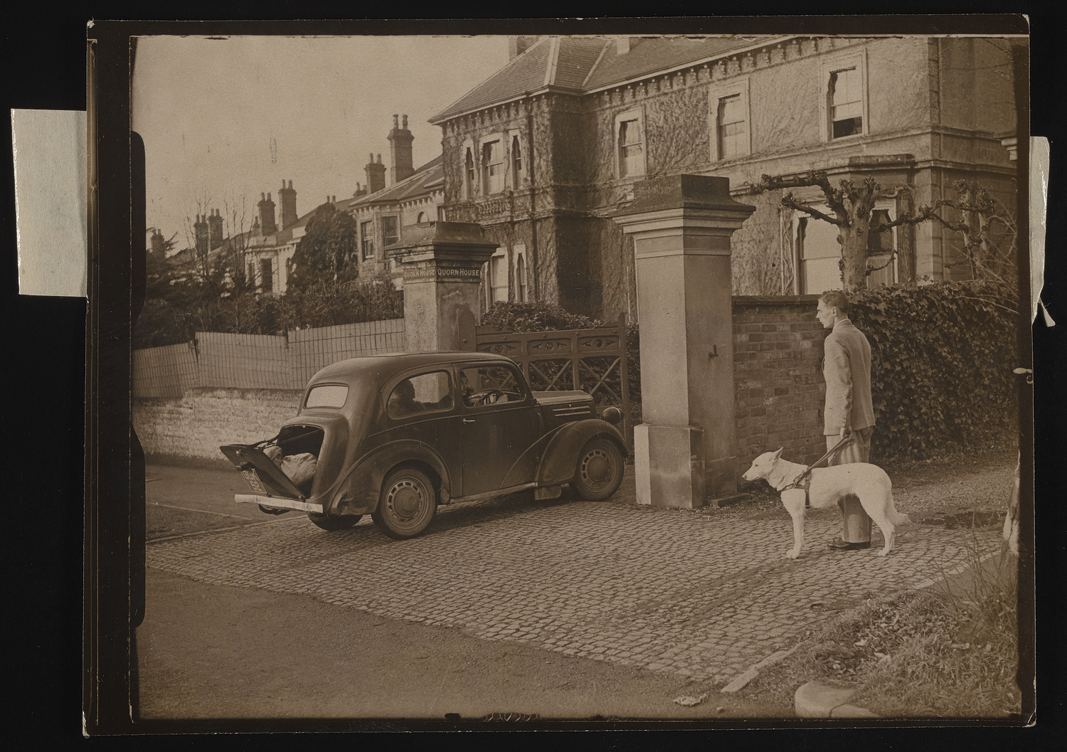 A man holding a dog by the lead, waiting for a car to reverse from a driveway