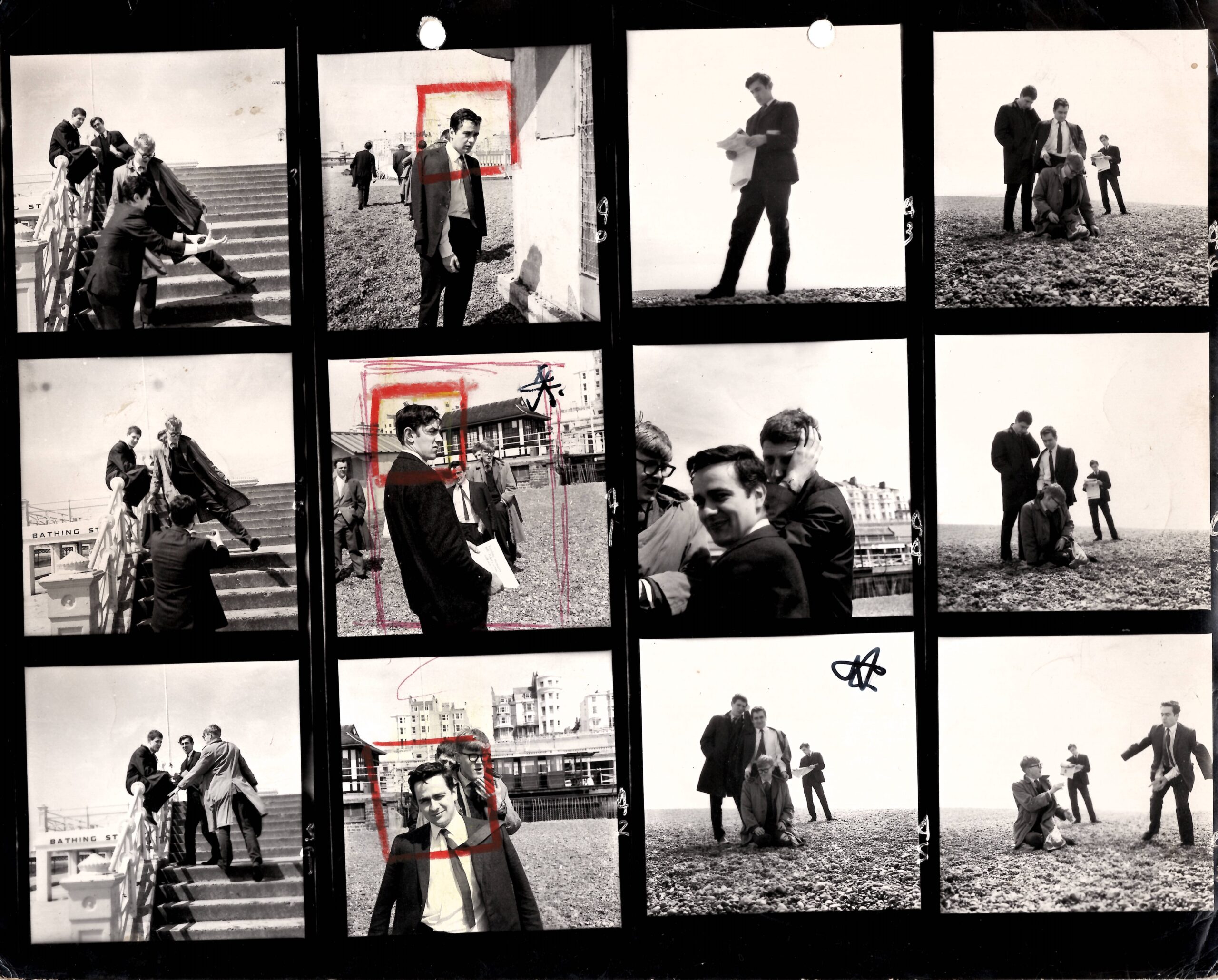 12 small images of the beyond the fringe cast larking on the beach