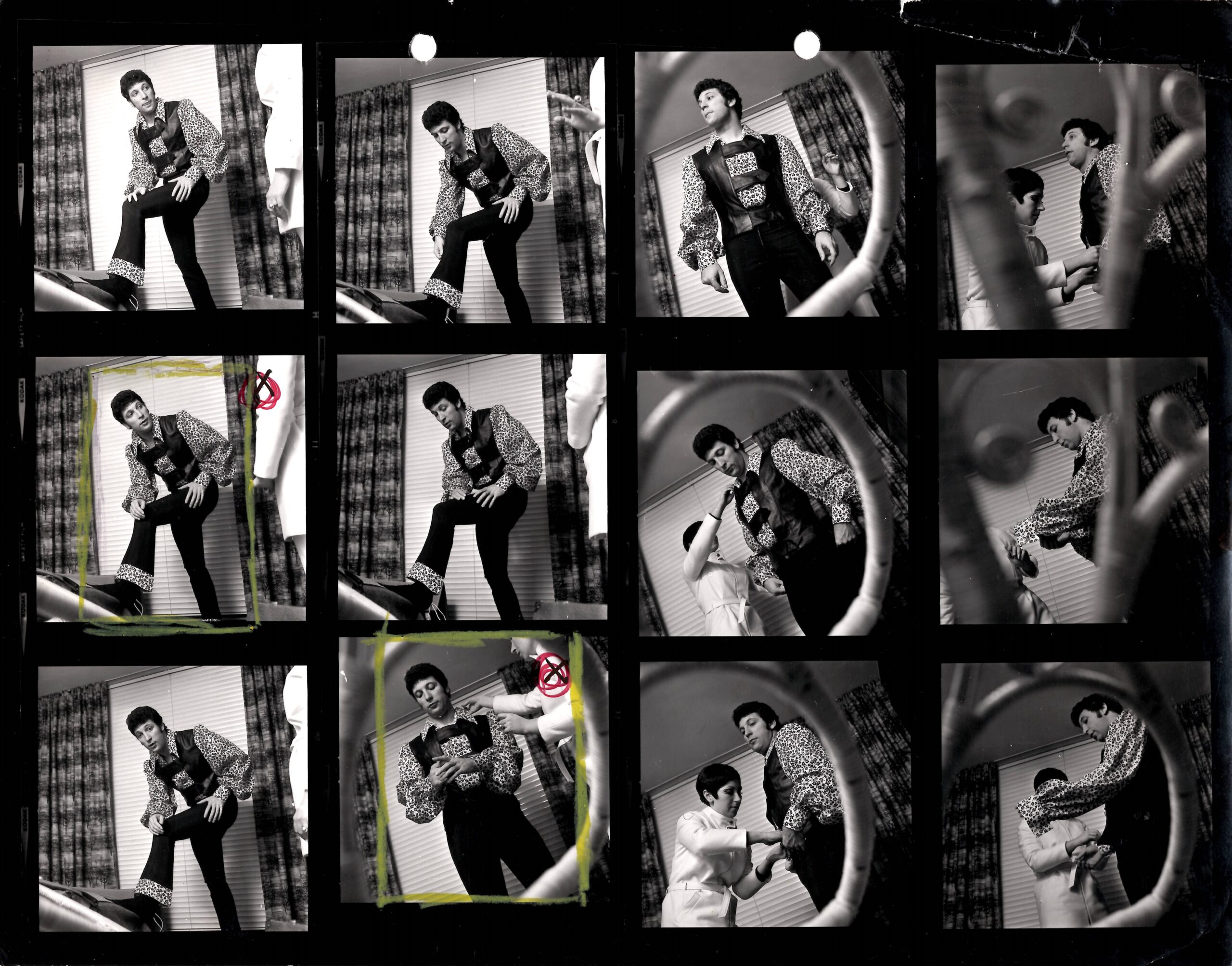 12 images of Tom Jones posing in flares and a ruffled shirt