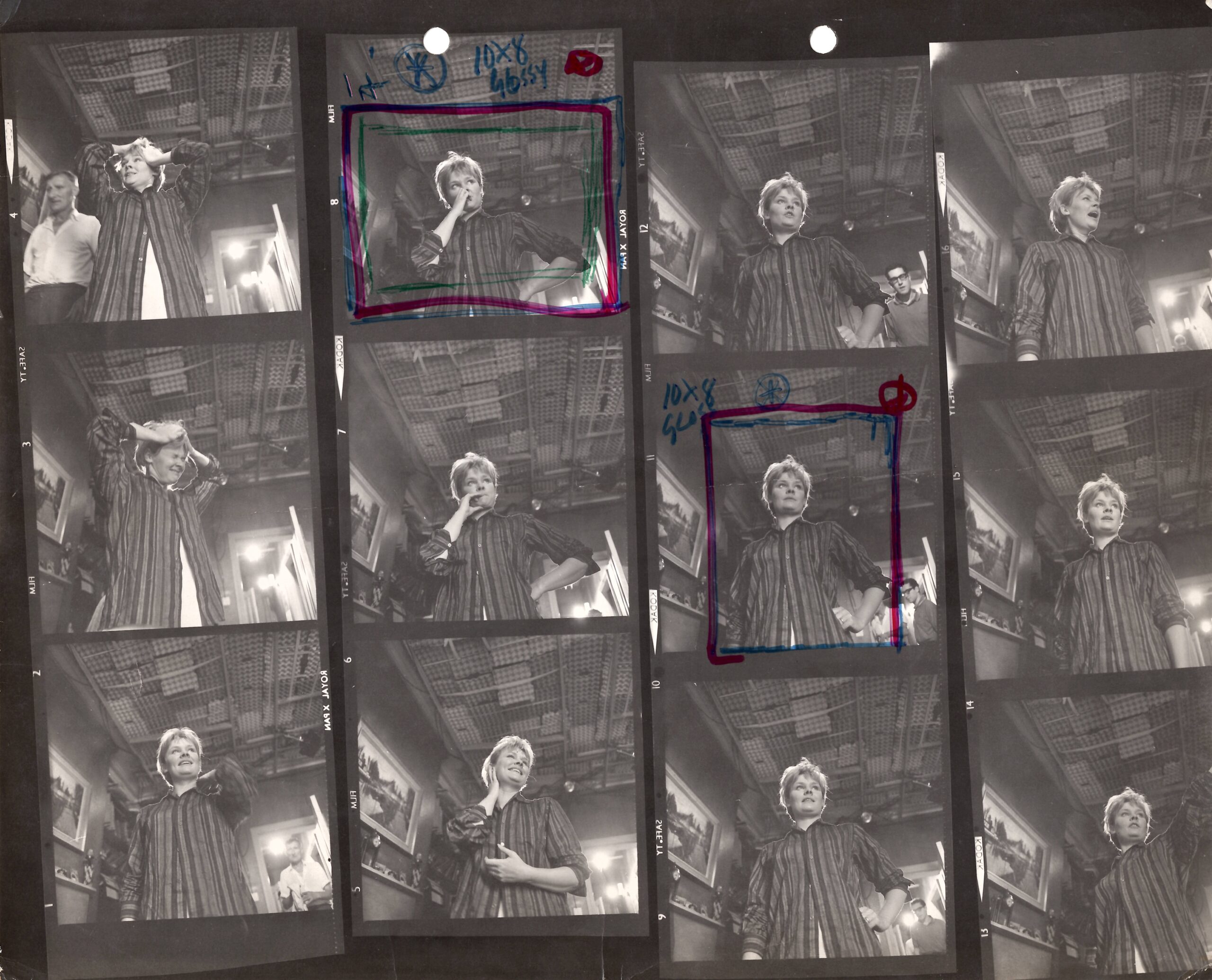 A sheet of 12 small images of Judi Dench, some with markings indicating crop lines