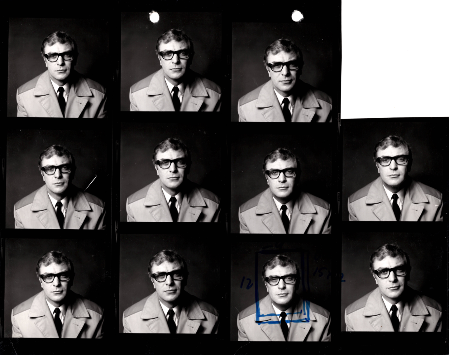 11 small photos of Michael Caine wearing thick rimmed classes and an overcoat
