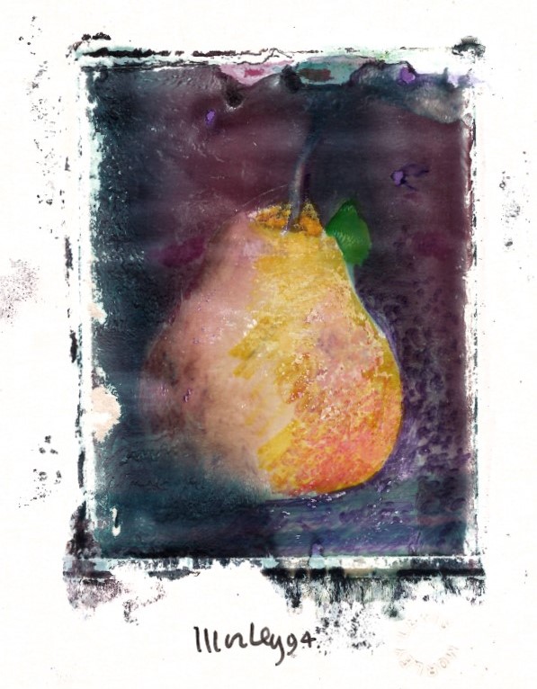 An slightly blurry, impressionistic photo of a pear, with Morley's signature