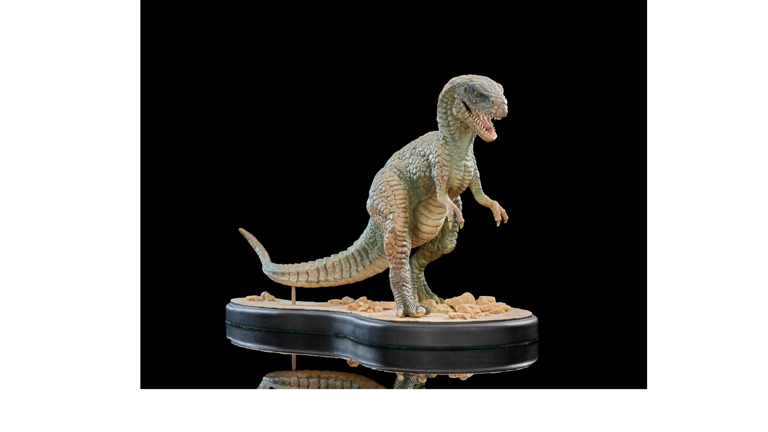Model of a dinosaur standing on two hind legs with two shorter limbs held up, and a long scaly tail