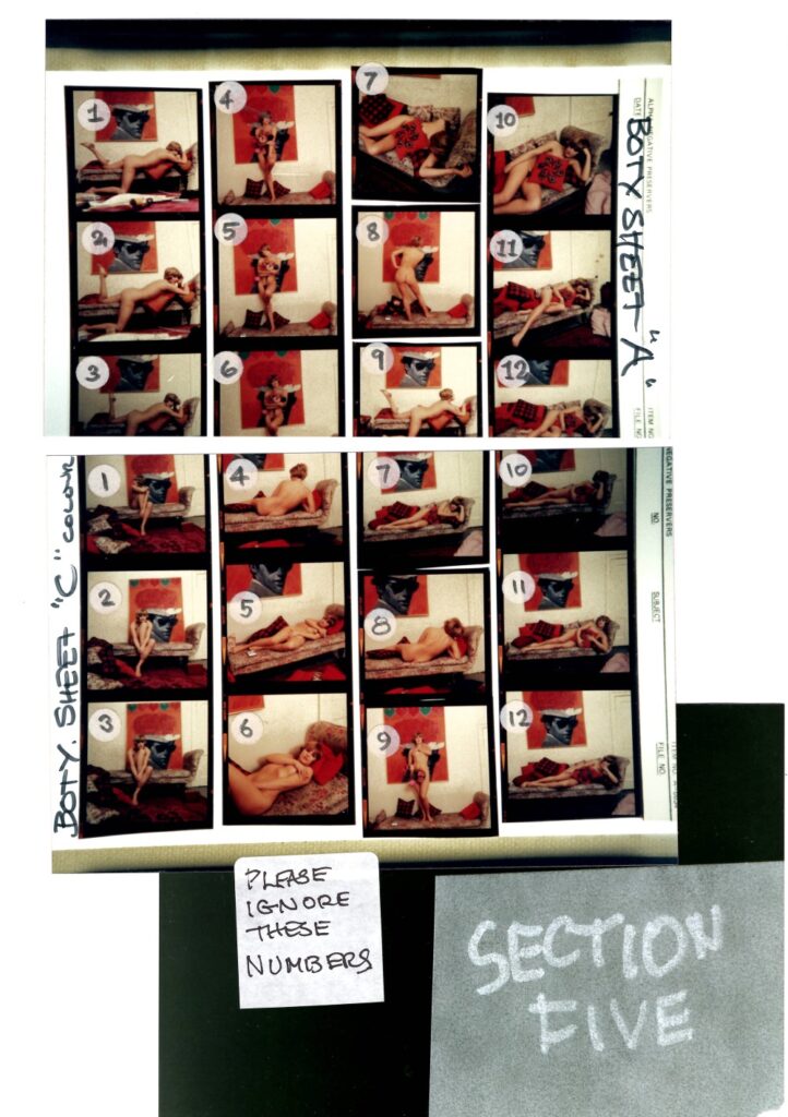 Photos of Pauline sitting and standing nude in front of a bright red painting