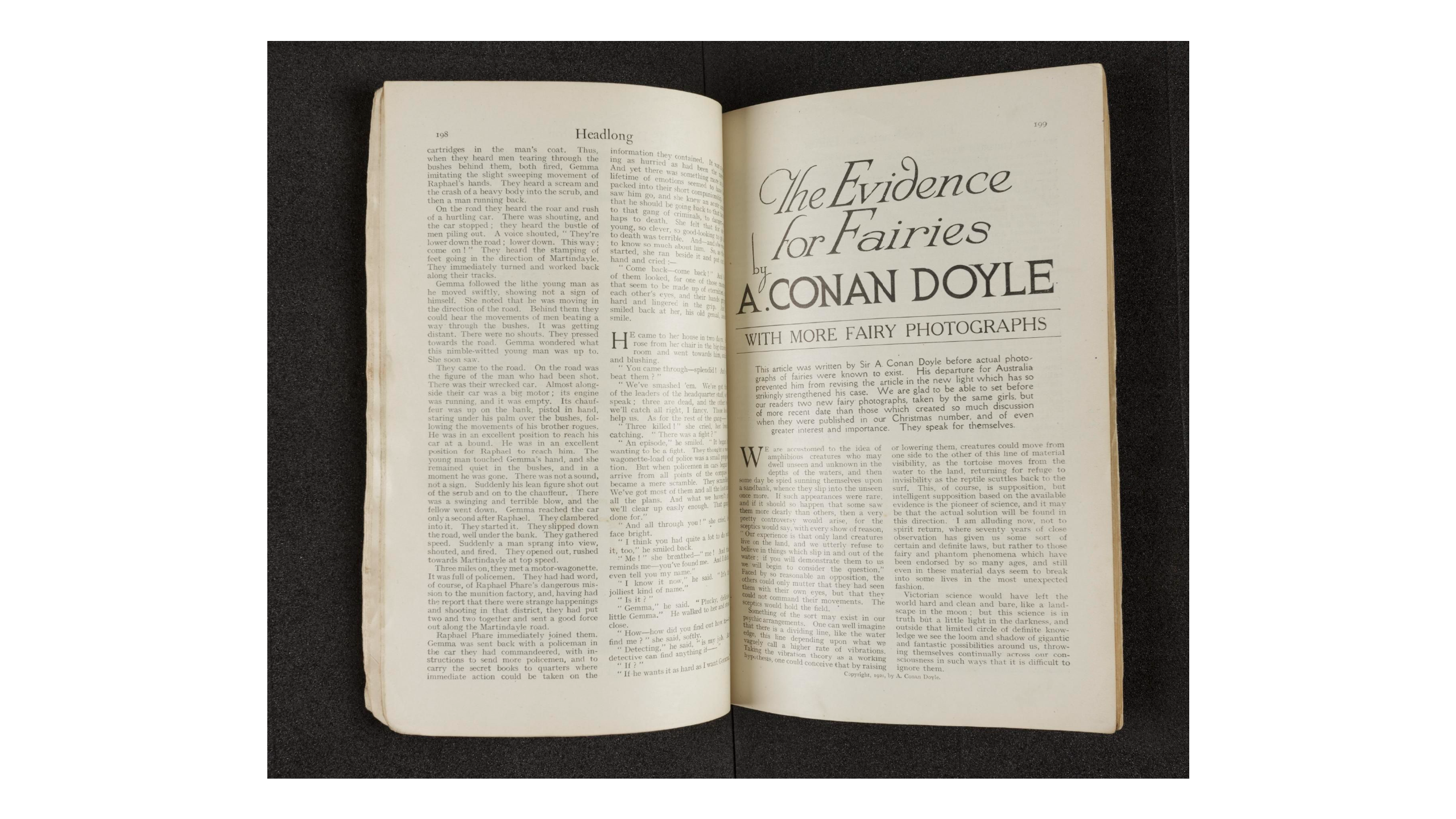 A magazine open to a headline reading 'The Evidence for fairies' by A Conan Doyle - with more fairy photographs