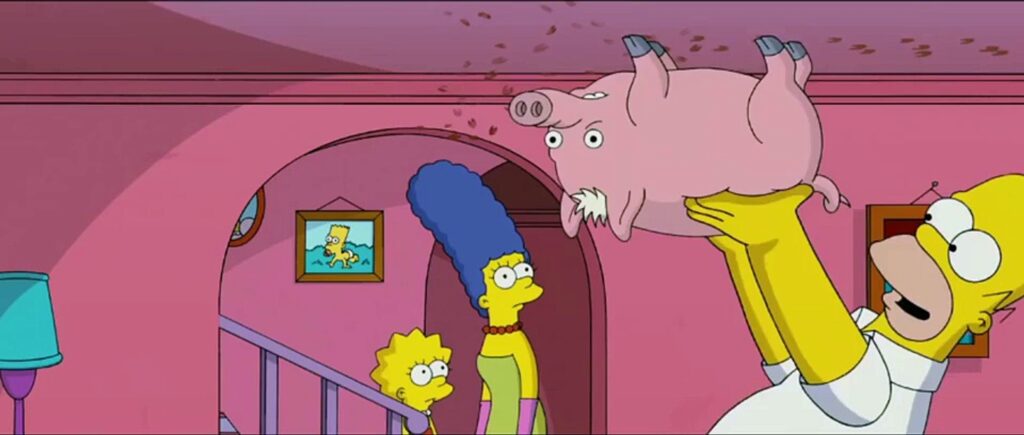 Homer Simpson holds up a pig which walks on the ceiling