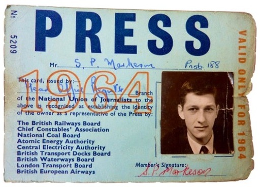 A light blue press ID card with Stephen's headshot and signature. The edges are faded and worn.