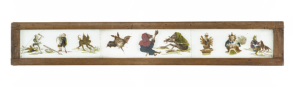 A long, rectangular set of illustrated slides in a wooden frame